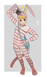  1boy :d animal_hood arm_up bag bags_under_eyes black_eyes blonde_hair blue_bag blunt_bangs bodysuit bomb border bowl_cut bright_pupils buttons choco_hosikawa commentary explosive fewer_digits from_above full_body grey_background grid_teeth grin hand_on_own_hip holding holding_bomb hood hood_up looking_at_viewer male_focus multicolored_bodysuit outline outside_border pink_hood popee_(popee_the_performer) popee_the_performer rabbit_hood red_bodysuit red_tail short_bangs short_hair shoulder_bag simple_background smile solo standing striped_bodysuit striped_tail tail tareme translation_request turtleneck turtleneck_bodysuit two-tone_bodysuit two-tone_tail untranslatable_commentary v-shaped_eyebrows very_short_hair white_bodysuit white_border white_outline white_pupils white_tail 