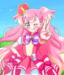  1girl :3 :p ;3 ;p arched_crown blonde_hair blue_sky blush bow bright_pupils brooch butterfly_earrings capelet chest_bow closed_mouth colored_tips commentary crown cure_wonderful day dress dress_bow earrings field foreshortening frilled_wrist_cuffs frills grass hand_on_own_hip hand_up heart heart_brooch inukai_komugi jewelry layered_dress long_hair looking_at_viewer magical_girl medium_dress mini_crown multicolored_bow multicolored_hair one_eye_closed outdoors outstretched_arm pact_holder pink_bow pink_capelet pink_crown pink_dress pink_hair pink_wrist_cuffs pleated_dress pouch precure puffy_short_sleeves puffy_sleeves purple_bow s_island_racing short_sleeves sky smile solo standing striped_bow thick_eyebrows tilted_headwear tongue tongue_out twitter_username two-tone_hair two_side_up upper_body v very_long_hair violet_eyes watermark white_background wonderful_precure! wrist_cuffs yellow_pupils 