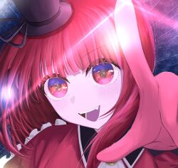  1girl :d arima_kana arm_up blunt_bangs blush commentary_request foreshortening gloves hat highres l_hand looking_at_viewer mini_hat mini_top_hat night oshi_no_ko pink_gloves portrait rayamamami red_eyes red_hair short_hair smile solo star_(sky) teeth top_hat 
