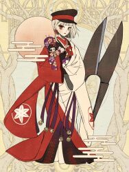  1girl an_jera bell black_gloves black_hat bob_cut clippers commentary_request dairoku_ryouhei diagonal_bangs egasumi emblem expressionless eyeshadow flower_knot full_body gloves hair_ribbon hat hugging_doll hugging_object inverted_bob japanese_clothes jingle_bell kimono long_sleeves looking_at_viewer makeup mouth_hold peaked_cap purple_ribbon red_eyes red_eyeshadow red_kimono red_lips red_ribbon ribbon short_hair sideways_glance solo split-color_clothes standing string string_in_mouth sun tassel tress_ribbon two-tone_kimono white_hair white_kimono yellow_background 
