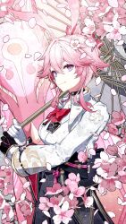  1girl animal_ears black_gloves black_skirt breasts cha_hanare commentary_request evanescia_(honkai:_star_rail) fox fox_ears fox_girl gloves highres honkai:_star_rail honkai_(series) large_breasts looking_at_viewer oil-paper_umbrella pink_hair shirt short_hair skirt solo umbrella violet_eyes white_gloves white_shirt 