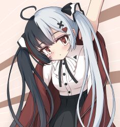  1girl absurdres ahoge arm_up black_skirt blush cardigan closed_mouth dvomil hair_ornament heart heart_hair_ornament highres lacrimosa_(neverness_to_everness) long_hair looking_at_viewer multicolored_hair neverness_to_everness red_cardigan shirt skirt solo split-color_hair twintails very_long_hair white_shirt x_hair_ornament 