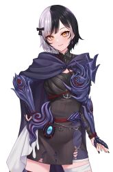  1girl absurdres armor black_dress black_hair black_nails cloak closed_mouth commentary_request dress earrings grey_hair highres hololive hololive_english hood hooded_cloak jewelry looking_at_viewer multicolored_hair official_alternate_costume official_alternate_hairstyle purple_armor purple_cloak shiori_novella shiori_novella_(ebony_odogaron) simple_background solo split-color_hair two-tone_hair velantart virtual_youtuber white_background yellow_eyes 