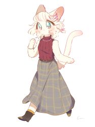  1girl animal_hands blue_eyes body_fur boots cat_girl cocri commentary_request full_body furry furry_female highres original princess_koyuki_(cocri) red_sweater simple_background skirt sleeveless sleeveless_sweater solo sweater tail walking white_background white_fur white_hair 