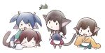  4girls :d akagi_(kantai_collection) animal_ears blue_hair blue_skirt brown_hair cat_ears cat_tail green_skirt hiryuu_(kantai_collection) japanese_clothes kaga_(kantai_collection) kantai_collection kemonomimi_mode kimono komochi_shishamo long_hair lying multiple_girls muneate on_stomach open_mouth pleated_skirt ponytail red_skirt short_hair short_twintails side_ponytail simple_background skirt smile souryuu_(kantai_collection) tail twintails white_background wide_sleeves |_| 