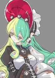 1girl absurdres black_corset blonde_hair bonnet colored_eyelashes commentary_request corset duel_monster green_hair grey_background hair_between_eyes hand_up hat headphones highres kamome_donburi kewl_tune_rotary long_hair looking_at_viewer multicolored_hair simple_background sleeves_past_fingers sleeves_past_wrists solo two-tone_hair very_long_hair white_eyelashes yellow_eyes yu-gi-oh! 