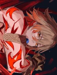  1boy arm_tattoo armlet blonde_hair braid chest_tattoo clawed_gauntlets commentary crystal earrings facial_tattoo gold_earrings gold_necklace gradient_hair highres honkai:_star_rail honkai_(series) jewelry male_focus medium_hair multicolored_hair mydei_(honkai:_star_rail) necklace red_hair red_tattoo side_braid sideways solo syoooo_uu tattoo yellow_eyes 
