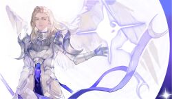  1girl angel_wings armor baldur's_gate baldur's_gate_3 blonde_hair breastplate cacaca02026 commentary cowboy_shot crescent dame_aylin dungeons_&amp;_dragons faulds grey_eyes highres long_hair looking_at_viewer pauldrons scar scar_across_eyebrow scar_on_cheek scar_on_face shoulder_armor solo standing white_background white_wings wings 