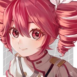  1girl abstract_background border bow buttons close-up commentary_request double-breasted double-parted_bangs drill_hair grey_jacket hair_between_eyes hair_bow jacket kasane_teto kasane_teto_(sv) light_smile looking_at_viewer red_eyes red_hair shiohi_gari shoulder_belt shoulder_boards sidelocks solo synthesizer_v twin_drills utau white_border white_bow 
