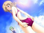  =_= adjusting_swimsuit ass back blue_eyes blush brown_hair closed_eyes cloud competition_swimsuit dutch_angle green_hair jpeg_artifacts lens_flare looking_back multiple_girls one-piece_swimsuit school_swimsuit smile sukumizu_~fecchi_ni_narumon!~ sun swimsuit wallpaper waving 