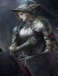  1girl 9eujang absurdres armor blonde_hair cape fantasy full_armor gorget green_eyes green_lips helmet highres holding holding_shield long_hair original purple_cape realistic serious shield winged_helmet 