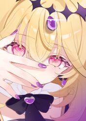  1girl antenna_hair black_dress blonde_hair bow brooch closed_mouth commentary_request cure_arcana_shadow diamond_hairband dress escape_25dm glowing hair_intakes heart heart_brooch highres jewelry long_hair looking_at_viewer magical_girl meitantei_precure! moria_luluka precure purple_nails purple_veil solo veil violet_eyes zooming_in 