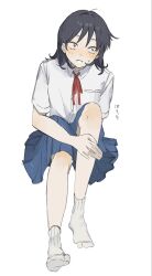  1girl black_eyes black_hair blue_skirt breast_pocket character_name collared_shirt dress_shirt futsuu_no_keion-bu hand_on_own_leg hatono_chihiro highres neck_ribbon no_shoes pleated_skirt pocket red_ribbon ribbon sakihara_anko sanpaku school_uniform shirt short_sleeves simple_background sitting skirt small_sweatdrop smile socks solo translated white_background white_shirt white_socks 