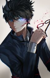  1boy absurdres advarcher black_hair black_jacket blood blue_eyes commentary cuts glasses glowing glowing_eyes highres holding holding_removed_eyewear injury jacket long_sleeves looking_at_viewer school_uniform shirt short_hair simple_background tohno_shiki tsukihime tsukihime_(remake) unworn_eyewear upper_body white_shirt 