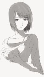  1girl amakura_mio bob_cut camera camisole collarbone commentary cropped_torso fatal_frame fatal_frame_ii:_crimson_butterfly gauss_<bokashi grey_background greyscale hands_up highres holding holding_camera looking_at_viewer monochrome parted_lips shirt short_hair simple_background sketch solo three-quarter_sleeves upper_body 