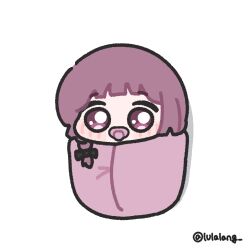  1girl aged_down baby blush bocchi_the_rock! chibi chibi_only highres hiroi_kikuri looking_at_viewer lulalang pacifier purple_hair solo swaddled twitter_username violet_eyes white_background 
