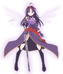  1girl ahoge alternate_eye_color armor artist_name asagi501 bare_shoulders belt black_boots boots breastplate breasts collared_leotard commentary_request dated detached_sleeves fingerless_gloves full_body gloves hair_intakes hairband high_collar highres holding holding_sword holding_weapon leotard long_hair long_sleeves messy_hair obsidian_slasher pink_eyes pointy_ears purple_armor purple_gloves purple_hair purple_leotard purple_skirt purple_sleeves purple_wings red_belt red_hairband red_skirt red_trim simple_background skirt small_breasts solo standing sword sword_art_online thigh_boots transparent_wings twitter_username two-tone_skirt watermark weapon white_background wings yellow_trim yuuki_(sao) 
