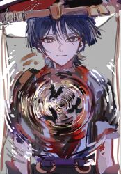  1boy armor arms_at_sides bird black_hair black_hat black_kimono black_sleeves blunt_ends bright_pupils closed_mouth commentary_request crow eyeliner genshin_impact gold grey_eyes grey_veil hat highres innagaja japanese_armor japanese_clothes jingasa juban kimono korean_commentary kote layered_sleeves looking_at_viewer makeup male_focus o-ring open_clothes open_kimono purple_sash purple_sleeves red_eyeliner red_hat red_kimono ripples sash scaramouche_(genshin_impact) signature smile solo straight-on tsurime twitter_username two-tone_hat upper_body veil white_background white_kimono white_pupils wispy_bangs 