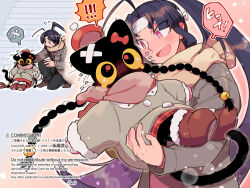  1boy 1girl bandaid bandaid_on_head black_eyes black_fur black_hair blue_hair blush body_fur boots braid carrying cat_girl coat cocri colored_sclera commentary_request commission furry furry_female furry_with_non-furry grey_coat hetero high_ponytail injury interspecies long_hair looking_at_another low_twin_braids momotaro_(cocri) original pink_eyes ponytail princess_carry scarf skeb_commission suzu_(cocri) tail teardrop twin_braids yellow_sclera 