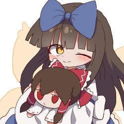  1girl blue_bow bow brown_hair character_doll closed_mouth commentary doll fumo_(doll) hair_bow hakurei_reimu highres holding holding_doll looking_at_viewer magg_(user_mtca8588) one_eye_closed smile solo star_sapphire touhou 