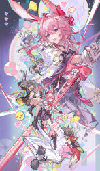  2girls animal_ears asymmetrical_gloves black_boots black_coat black_gloves black_skirt blue_eyes boots bow bowtie chinese_commentary coat commentary_request dan_heng_(honkai:_star_rail) evanescia_(honkai:_star_rail) flower fox_ears fox_girl gloves grey_hair hair_flower hair_ornament high_heels highres himeko_(honkai:_star_rail) honkai:_star_rail honkai_(series) jacket long_hair long_sleeves march_7th_(honkai:_star_rail) mismatched_gloves multiple_girls open_mouth pink_hair qingming_tiaohetu red_bow red_bowtie shirt short_hair_with_long_locks skirt smile stelle_(honkai:_star_rail) teeth trailblazer_(honkai:_star_rail) upper_teeth_only welt_yang white_gloves white_jacket white_shirt yellow_eyes 