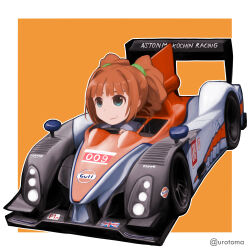  1girl :3 aqua_eyes border car chibi closed_mouth driving idolmaster idolmaster_(classic) kayatsu_urotoma looking_ahead motor_vehicle orange_hair outline outside_border race_vehicle racecar simple_background solo takatsuki_yayoi twintails twitter_username vehicle_request white_border white_outline 