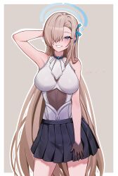  1girl absurdres asuna_(blue_archive) bare_shoulders black_gloves black_skirt blonde_hair blue_archive blue_eyes blue_halo blush breasts gloves grin hair_over_one_eye halo highres jewelry large_breasts long_hair looking_at_viewer pleated_skirt ring shirt skirt sleeveless sleeveless_shirt smile solo thighs very_long_hair white_shirt yfz 