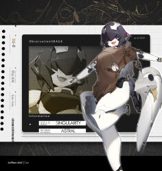  1girl breasts brown_shirt covered_eyes english_text fang foot_out_of_frame foot_up_heel_up gebijiade_89 hair_over_eyes highres humanoid_robot joints mechanical_arms mechanical_legs medium_breasts metal_hair metal_skin multiple_views original outside_border outstretched_arms robot robot_ears robot_girl robot_joints shirt skin_fang spread_arms standing standing_on_one_leg torn_clothes torn_shirt 