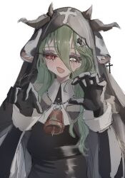  1girl animal_ears bead_necklace beads bell black_dress black_gloves black_sclera coffin_hair_ornament colored_sclera cow_ears cow_girl cow_horns cowbell crelly crelly_(mold_mother) cross dress gloves green_hair grey_sclera hair_between_eyes heterochromia highres horns indie_virtual_youtuber jewelry kumoriillust long_hair makeup mismatched_sclera mold necklace nun_headdress open_mouth red_eyes runny_makeup solo virtual_youtuber white_background 