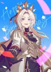  927ming ahoge animal_ears ascot black_ascot black_gloves blue_eyes bow coat commentary_request confetti ear_covers fur-trimmed_jacket fur_trim gem gloves green_gem happy_birthday highres horse_ears horse_girl jacket long_hair long_sleeves looking_at_viewer multicolored_hair open_mouth orange_hair orfevre_(control)_(umamusume) orfevre_(umamusume) red_bow single_ear_cover smile teeth two-tone_hair umamusume white_coat white_hair 