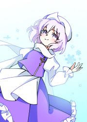  1girl apron blue_background blush closed_mouth commentary_request frilled_skirt frills gradient_background hat highres illust_atelier3 lapel_pin letty_whiterock long_sleeves looking_at_viewer medium_hair one-hour_drawing_challenge pink_eyes pink_hair purple_skirt purple_vest scarf signature skirt smile snowflakes solo touhou vest waist_apron white_apron white_hat white_scarf 
