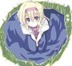  1girl alice_margatroid between_legs blonde_hair blue_dress closed_mouth commentary_request dress flower from_above grass hair_between_eyes hairband hand_between_own_legs looking_at_viewer looking_up medium_hair mochiki puffy_short_sleeves puffy_sleeves red_hairband short_sleeves sitting solo touhou 