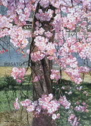  artist_name cherry_blossoms commentary_request day flower highres kyoto no_humans original outdoors painting_(medium) pink_flower plant river scenery signature traditional_media tree watanabe_masato watercolor_(medium) 