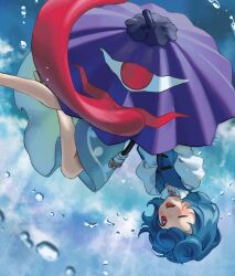  1girl ;p absurdres blue_hair blue_skirt blue_sky blue_vest blush brown_sandals clouds commentary day geta highres holding holding_umbrella juliet_sleeves kaigen_1025 karakasa_obake long_sleeves looking_at_viewer one_eye_closed outdoors puffy_sleeves purple_umbrella red_eyes sandals short_hair skirt sky smile solo tatara_kogasa tongue tongue_out touhou umbrella vest water_drop 