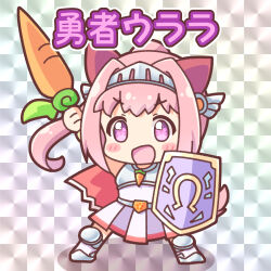  1girl animal_ears armor blush boots cape carrot chibi commentary_request ear_covers flower-shaped_pupils flower_in_eye hairband haru_urara_(umamusume) headband holding holding_carrot holding_weapon horse_ears horse_girl horse_tail long_hair open_mouth pink_eyes pink_hair pink_headband ponytail red_cape red_headband shield skirt smile solo symbol-shaped_pupils symbol_in_eye tail umamusume visor_(armor) weapon yoshiharu_izumi 
