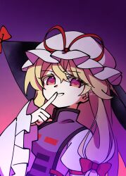  1girl blonde_hair bow commentary_request dress finger_to_mouth frilled_sleeves frills gap_(touhou) gradient_background grin hair_bow hat hat_ribbon highres illust_atelier3 long_hair long_sleeves looking_at_viewer mob_cap one-hour_drawing_challenge purple_background purple_tabard red_bow red_ribbon ribbon shushing signature smile solo tabard touhou violet_eyes white_dress white_hat wide_sleeves yakumo_yukari 