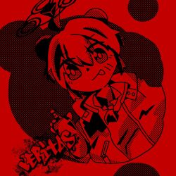  1girl :p ahoge blue_archive collared_shirt commentary double_bun english_commentary graffiti hair_bun halo highres jacket komada_kon maki_(blue_archive) monochrome necktie open_clothes open_jacket polka_dot polka_dot_background red_background red_theme shirt short_hair solo tongue tongue_out 