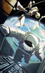  1boy 1other absurdres ambiguous_gender astronaut cable commentary_request earth_(planet) floating helmet highres king_(mega_man) mega_man_&amp;_bass mega_man_(classic) mega_man_(series) outstretched_hand planet reflection satellite sky space space_helmet spacesuit star_(sky) star_(symbol) starry_sky yo1yo1 