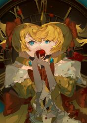  1boy 1girl absurdres aku_no_meshitsukai_(vocaloid) aku_no_musume_(vocaloid) allen_avadonia androgynous apple aqua_eyes aqua_gem bare_shoulders blonde_hair bow brooch brother_and_sister choker clock commentary_request crossdressing dress dress_bow evillious_nendaiki eye_contact face-to-face food food_bite frilled_choker frilled_dress frilled_sleeves frills fruit gem hair_bow high_ponytail highres holding holding_food holding_fruit impersonation jewelry kagamine_len kagamine_rin looking_at_another looking_at_viewer momo43757115 off-shoulder_dress off_shoulder ponytail red_bow riliane_lucifen_d'autriche roman_numeral shared_food siblings sidelocks sideways_glance swept_bangs twins updo upper_body vocaloid wide_sleeves yellow_dress yellow_nails 