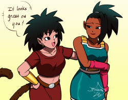  2girls armor armored_dress bahnloopi belt black_eyes black_hair breasts brown_belt closed_mouth commentary crop_top dark-skinned_female dark_skin dragon_ball dragon_ball_minus dragon_ball_super dragon_ball_super_broly dress earrings gauntlets gine gradient_background green_background hair_pulled_back hoop_earrings jewelry kale_(dragon_ball) long_hair long_single_sidelock looking_at_another medium_breasts monkey_tail multiple_girls navel open_mouth ponytail red_shirt red_skirt saiyan_armor shirt short_dress signature skirt smile tail untranslatable_commentary 