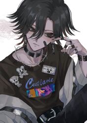  1boy absurdres androgynous bandaid bandaid_on_cheek bandaid_on_face bandaid_on_finger bandaid_on_hand barbed_wire belt black_belt black_choker black_hair black_nails black_pants black_shirt bracelet choker closed_mouth clothes_writing curtained_hair earrings eyes_visible_through_hair fingernails grey_jacket hair_between_eyes highres jacket jacket_partially_removed jewelry long_fingernails multicolored_hair o-ring o-ring_choker original pants red_eyes red_streaks ring satoinu111 shirt simple_background streaked_hair striped_blush sweat two-tone_hair white_background 