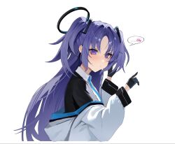  1girl black_gloves black_halo blue_archive blue_necktie closed_mouth gloves halo highres jacket josal long_hair looking_at_viewer mechanical_halo necktie off_shoulder purple_hair shirt simple_background solo suit sweatdrop twintails violet_eyes white_background white_jacket white_shirt yuuka_(blue_archive) 