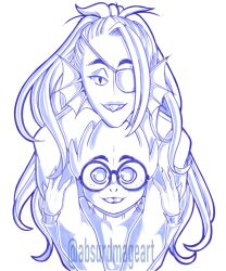  2020 2d 2girls absurdmage absurdres alphys animal_nose anthro artist_name behind_another buck_teeth commentary digital_media dinosaur dinosaur_girl duo ear_fins english_commentary eyepatch female female_only fins fish fish_girl freckles glasses head_fins height_difference high_ponytail highres lizard lizard_girl long_hair long_sleeves looking_at_viewer monochrome monster monster_girl multiple_girls ponytail reptile reptile_girl scalie sharp_teeth simple_background slit_pupils sweater tank_top teeth twitter_username undertale undyne utdr_(toby_fox) white_background yuri 