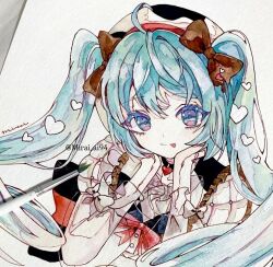  1girl ahoge aqua_eyes aqua_hair art_tools_in_frame boots bow brown_boots dot_nose eyelashes grey_bow hair_bow hands_on_own_face hat hatsune_miku heart long_hair long_sleeves mirai_ai94 paintbrush painting_(medium) protected_link red_bow signature smile solo tongue tongue_out traditional_media twintails twitter_username vocaloid watercolor_(medium) 
