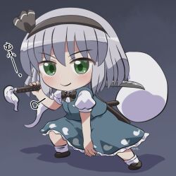  1girl black_background black_bow black_bowtie black_hairband black_shoes blush bow bow_hairband bowtie chibi chibi_only closed_mouth commentary_request dot_nose frilled_skirt frills full_body green_eyes green_skirt green_vest grey_hair hairband holding holding_sword holding_weapon konpaku_youmu konpaku_youmu_(ghost) looking_at_viewer rokugou_daisuke shirt shoes short_hair short_sleeves signature simple_background skirt skirt_set smile socks solo standing sword touhou vest weapon white_shirt white_socks 