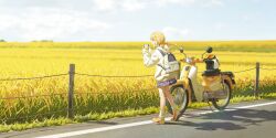  1girl :d absurdres backpack bag blonde_hair blue_skirt blue_sky braid cellphone field fujita_kotone gakuen_idolmaster gaoqiaoyuyin_takahashi helmet highres holding holding_phone honda honda_super_cub idolmaster jacket long_hair miniskirt motor_vehicle motorcycle motorcycle_helmet open_mouth orange_shoes outdoors phone pleated_skirt road shoes skirt skirt_peek sky smartphone smile sneakers socks solo taking_picture twin_braids unworn_headwear unworn_helmet white_bag white_jacket white_socks yellow_eyes 
