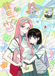  2girls absurdres alien_stage arms_around_another's_waist bag black_hair chinese_commentary clover commentary_request contrast_collar envelope four-leaf_clover glasses green_eyes green_hairband green_skirt hair_ornament hairband heart highres holding holding_envelope hug korean_text long_hair love_letter mizi_(alien_stage) multiple_girls official_alternate_costume pink_hair red_bag sadahalu_ai_la_shi school_uniform shirt short_hair shoulder_bag skirt star_(symbol) sua_(alien_stage) translation_request violet_eyes white_shirt x_hair_ornament 