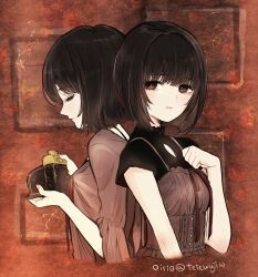  2girls amakura_mayu amakura_mio artist_name black_camisole black_shirt bob_cut brown_background brown_camisole brown_eyes brown_hair brown_shirt butterfly_background camera camisole camisole_over_clothes closed_eyes closed_mouth commentary cropped_arms cropped_torso fatal_frame fatal_frame_ii:_crimson_butterfly floral_background from_side hand_on_own_chest hand_up hands_up highres holding holding_camera light_blush looking_at_viewer looking_to_the_side multiple_girls oisiso profile red_ribbon revision ribbon shirt short_hair short_sleeves siblings sisters three-quarter_sleeves twins twitter_username upper_body 