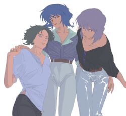  3girls aizheajsee belt black_hair blue_eyes blue_hair brown_belt collarbone commentary_request ghost_in_the_shell ghost_in_the_shell:_stand_alone_complex ghost_in_the_shell_arise highres kusanagi_motoko lips looking_at_viewer medium_hair multiple_girls multiple_persona official_alternate_costume purple_hair red_eyes red_nails short_hair sidelocks sunglasses white_background 