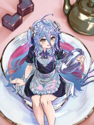  1girl absurdres ahoge alternate_costume black_dress cacaobath cube cup dress hair_between_eyes hair_ornament henya_the_genius highres indie_virtual_youtuber long_bangs long_hair looking_at_viewer maid maid_headdress purple_hair ribbon short_twintails sitting smile solo teacup teapot tray twintails virtual_youtuber wrist_cuffs yellow_eyes 